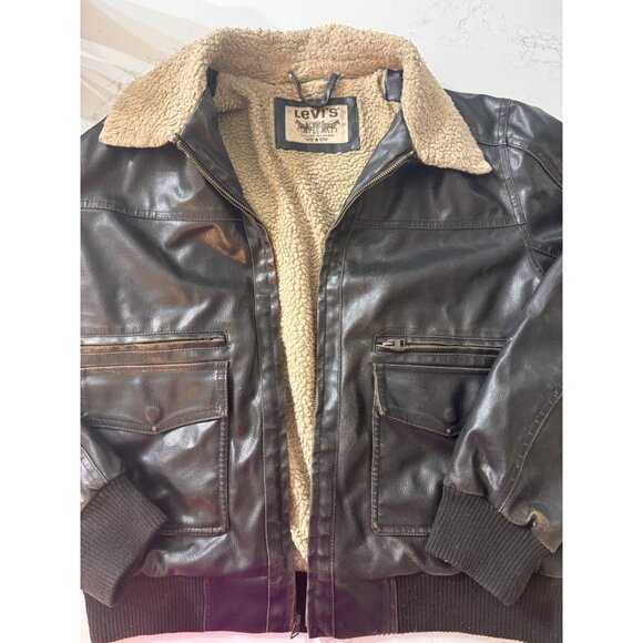 Levis Men's L Sherpa Lined Bomber Aviator Jacket Brown Leather Top Gun Maverick